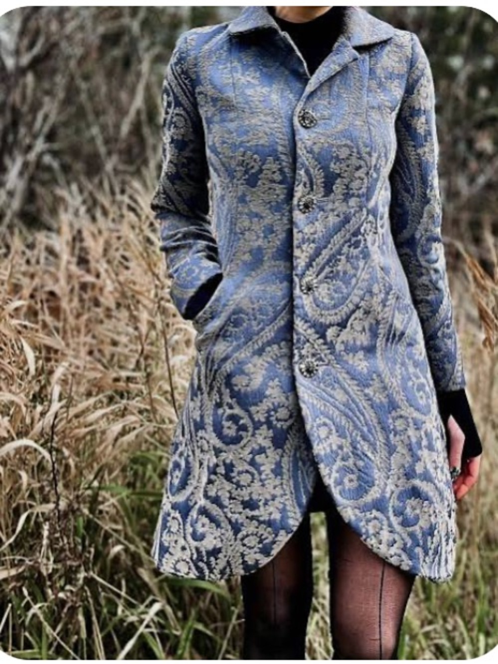 Paisley Jacquard Knee Length Coat Jeweled Buttons Medium Vintage Whimsygoth